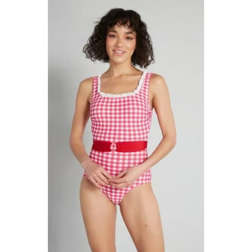 New Esther Williams Modcloth Peggy Sue 1 Pc Swimsuit Red Gingham Belted Sz 16